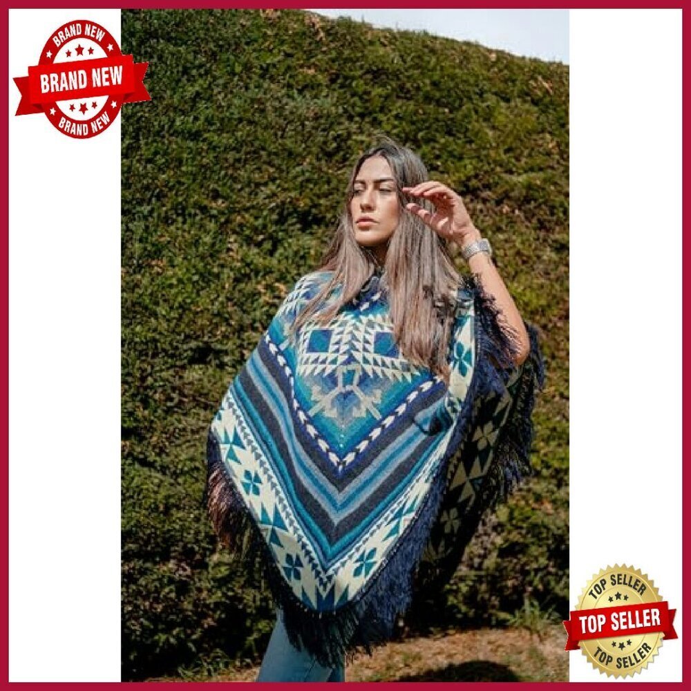 Alpaca Wool Poncho with Hood, Geometric Design, Machine Washable - Picture 7 of 7